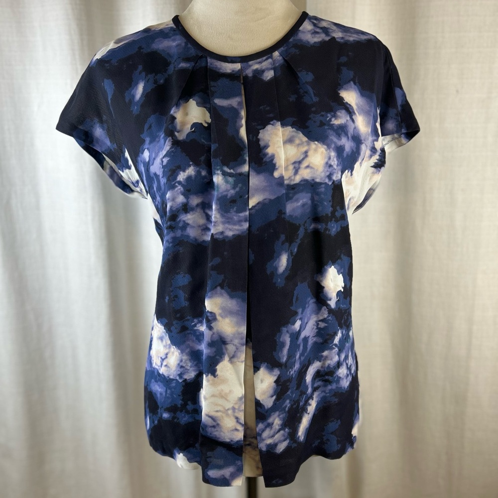 Kate Spade Live Colorfully Dusk Clouds Crepe Abstract Print Pleated Blouse Sz 10